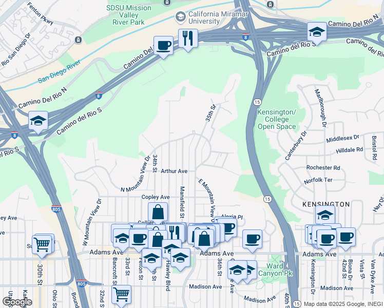 map of restaurants, bars, coffee shops, grocery stores, and more near 5052 35th Street in San Diego