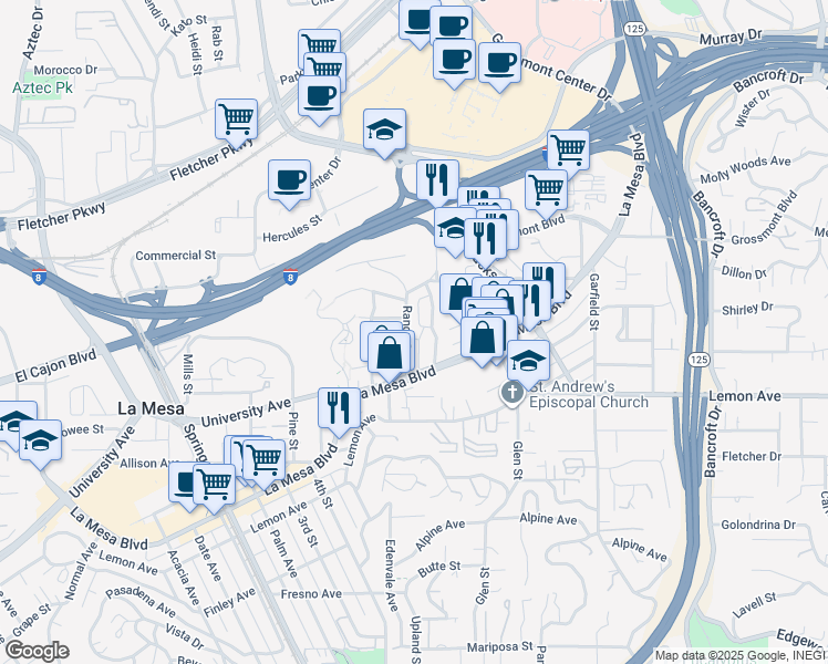 map of restaurants, bars, coffee shops, grocery stores, and more near 8541 Victory Road in La Mesa