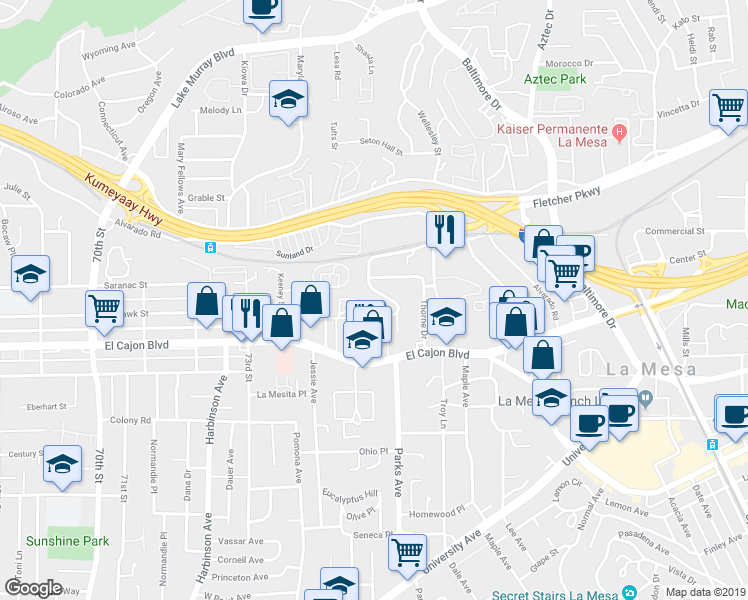 map of restaurants, bars, coffee shops, grocery stores, and more near 5040 Comanche Drive in La Mesa