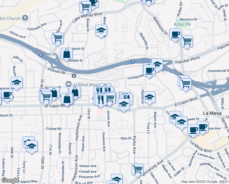 map of restaurants, bars, coffee shops, grocery stores, and more near 5050 Williams Avenue in La Mesa