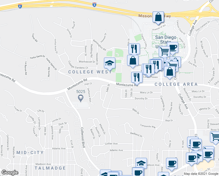 map of restaurants, bars, coffee shops, grocery stores, and more near 5073 54th Street in San Diego