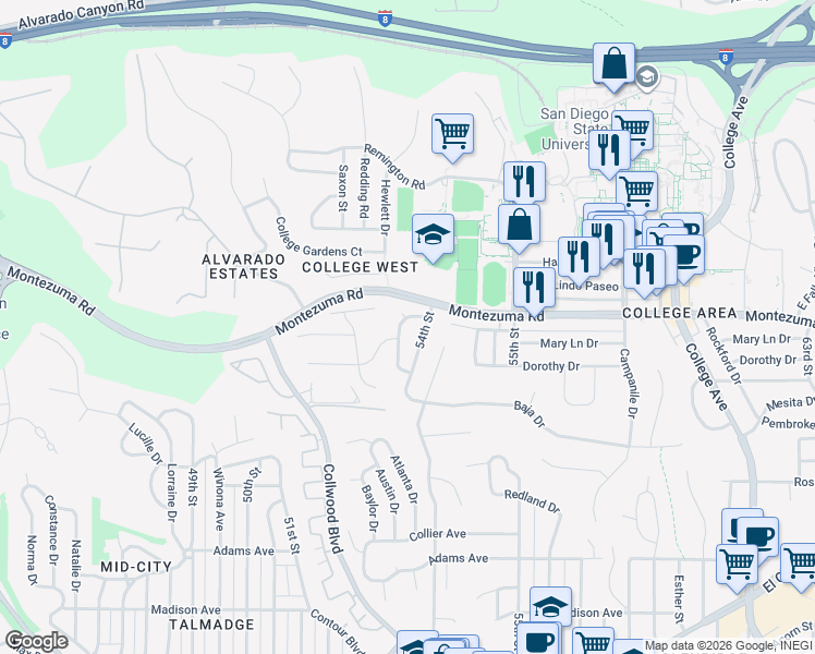 map of restaurants, bars, coffee shops, grocery stores, and more near 5056 Faber Way in San Diego