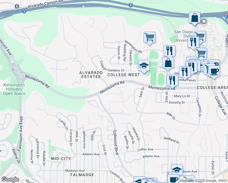 map of restaurants, bars, coffee shops, grocery stores, and more near 5201 Joan Court in San Diego