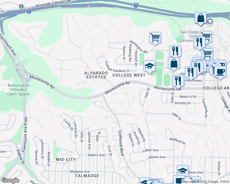 map of restaurants, bars, coffee shops, grocery stores, and more near 5201 Joan Court in San Diego