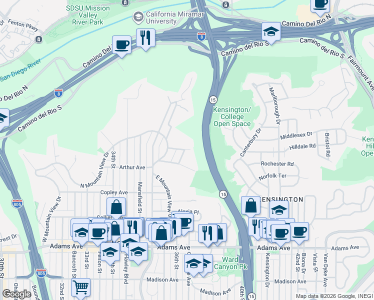 map of restaurants, bars, coffee shops, grocery stores, and more near 3588 Sydney Place in San Diego