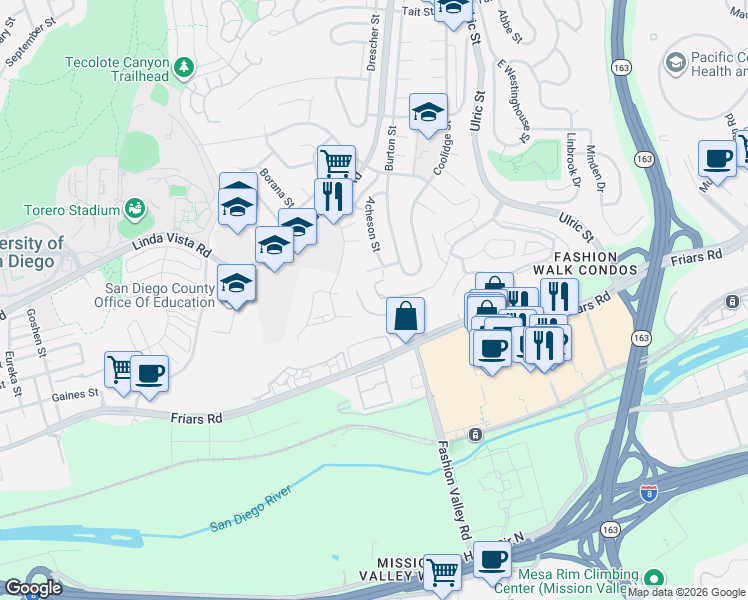 map of restaurants, bars, coffee shops, grocery stores, and more near 1457 Camino Lujan in San Diego