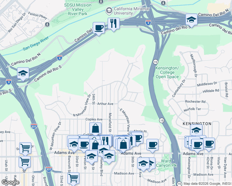 map of restaurants, bars, coffee shops, grocery stores, and more near 5052 35th Street in San Diego