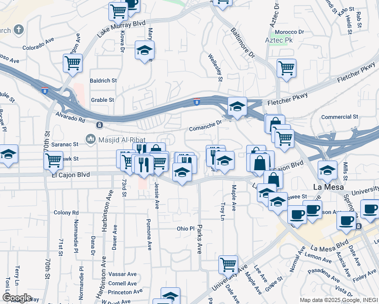 map of restaurants, bars, coffee shops, grocery stores, and more near 5040 Comanche Drive in La Mesa