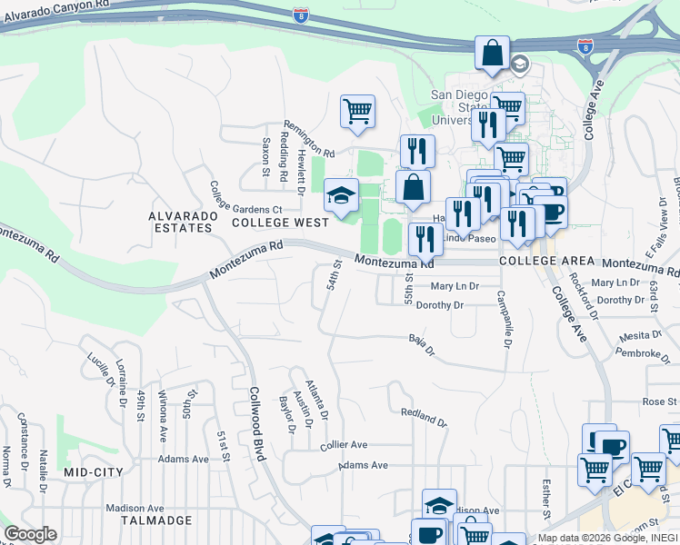 map of restaurants, bars, coffee shops, grocery stores, and more near 5073 54th Street in San Diego