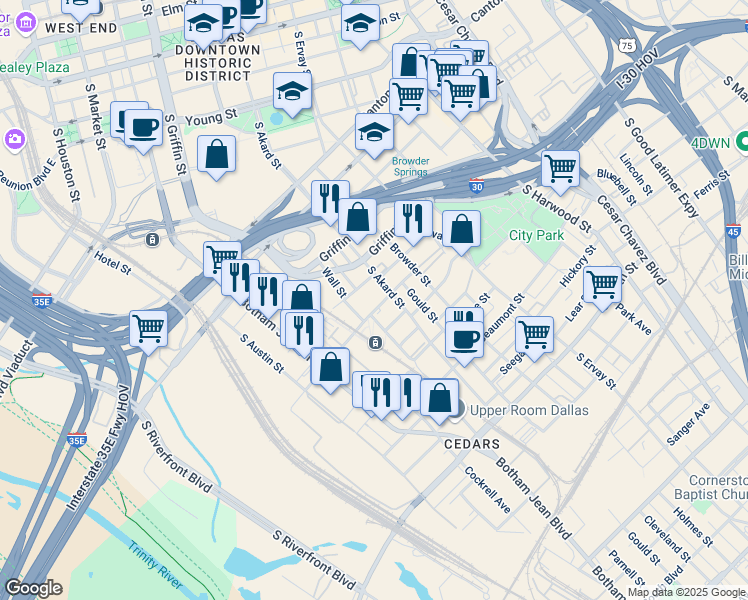 map of restaurants, bars, coffee shops, grocery stores, and more near 1221 Belleview Street in Dallas
