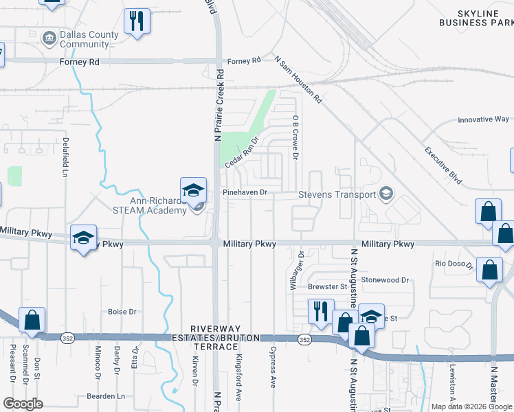 map of restaurants, bars, coffee shops, grocery stores, and more near 3834 Pruitt Ave in Dallas