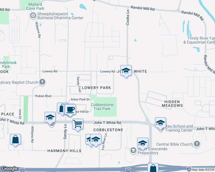 map of restaurants, bars, coffee shops, grocery stores, and more near 7600 Bancroft Circle in Fort Worth
