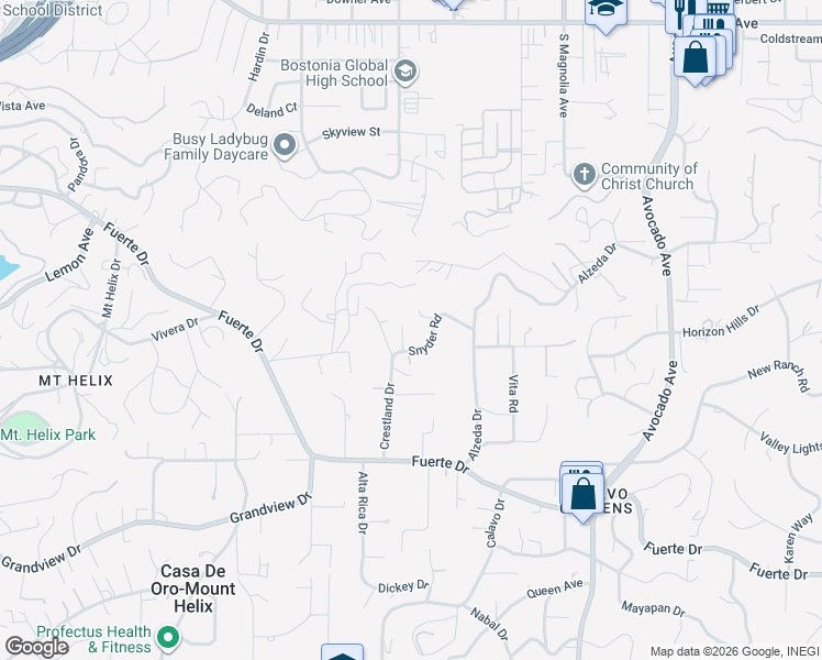 map of restaurants, bars, coffee shops, grocery stores, and more near 10610 Snyder Road in La Mesa
