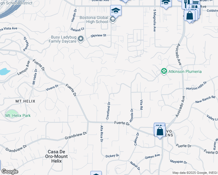 map of restaurants, bars, coffee shops, grocery stores, and more near 5025 Crestland Drive in La Mesa