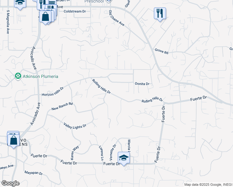 map of restaurants, bars, coffee shops, grocery stores, and more near 11250 Rolling Hills Drive in El Cajon