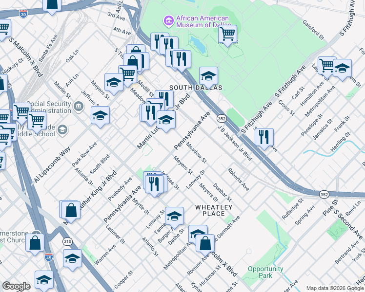 map of restaurants, bars, coffee shops, grocery stores, and more near 3018 Pennsylvania Ave in Dallas