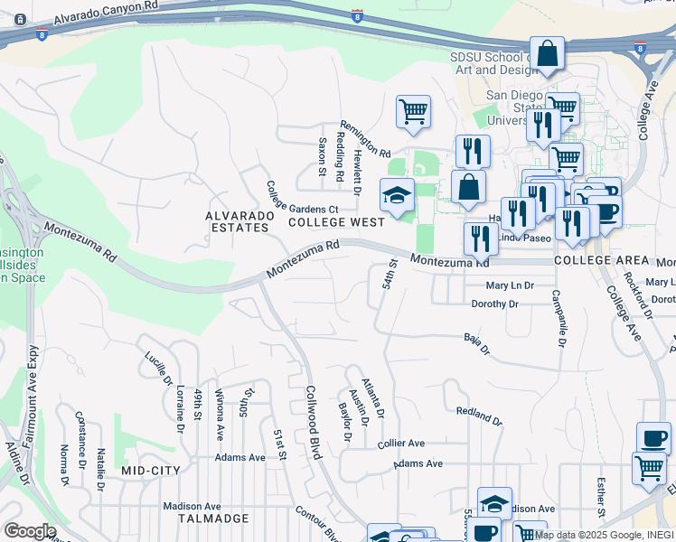 map of restaurants, bars, coffee shops, grocery stores, and more near 5245 Joan Court in San Diego