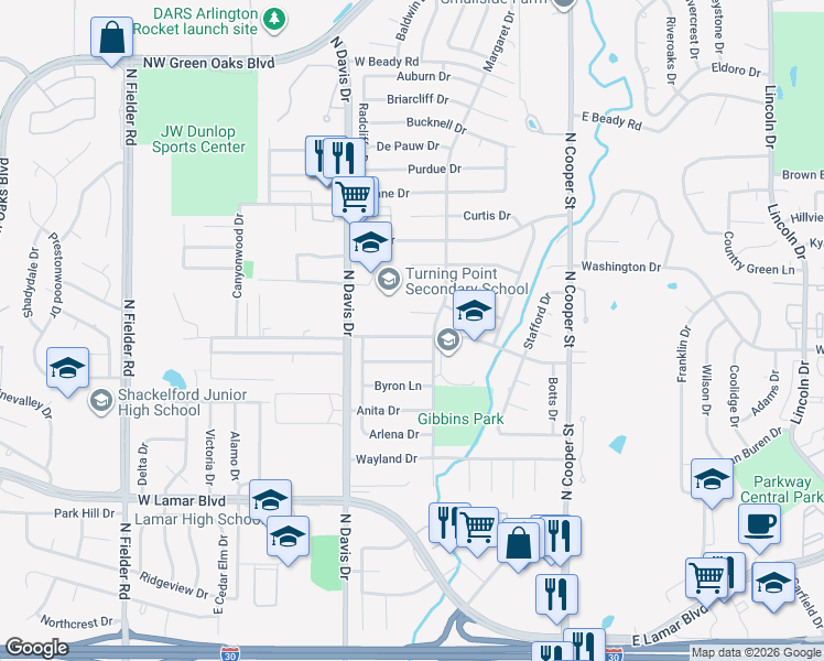 map of restaurants, bars, coffee shops, grocery stores, and more near 1009 Rocky Canyon Road in Arlington