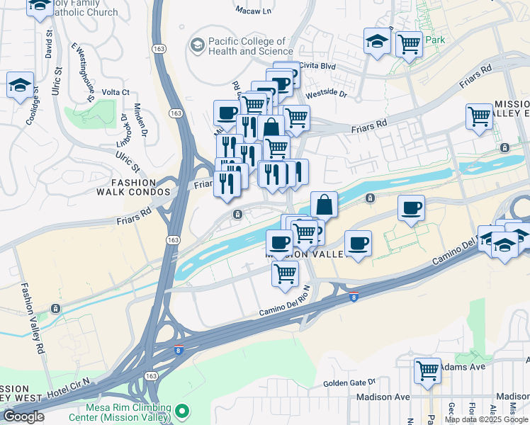 map of restaurants, bars, coffee shops, grocery stores, and more near 7673 Hazard Center Drive in San Diego