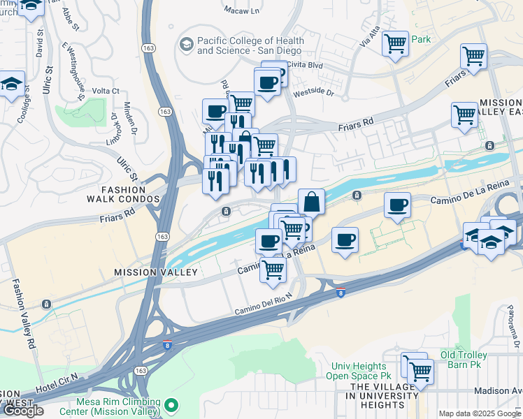 map of restaurants, bars, coffee shops, grocery stores, and more near 7723 Hazard Center Drive in San Diego