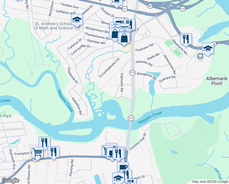 map of restaurants, bars, coffee shops, grocery stores, and more near 12 Palmetto Road in Charleston