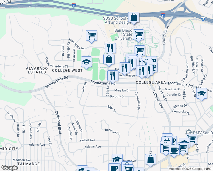 map of restaurants, bars, coffee shops, grocery stores, and more near 5486 Mary Lane Drive in San Diego