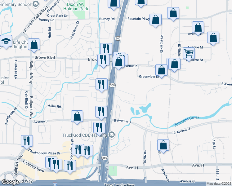 map of restaurants, bars, coffee shops, grocery stores, and more near 1400 North Highway 360 in Grand Prairie