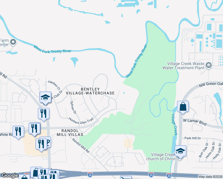 map of restaurants, bars, coffee shops, grocery stores, and more near 8945 Waterchase Drive in Fort Worth