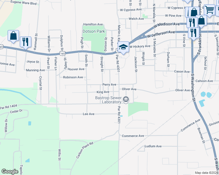map of restaurants, bars, coffee shops, grocery stores, and more near 600-698 Guice Street in Bastrop
