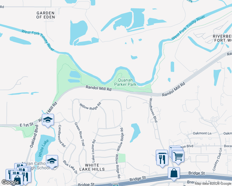 map of restaurants, bars, coffee shops, grocery stores, and more near 4901 Randol Mill Road in Fort Worth