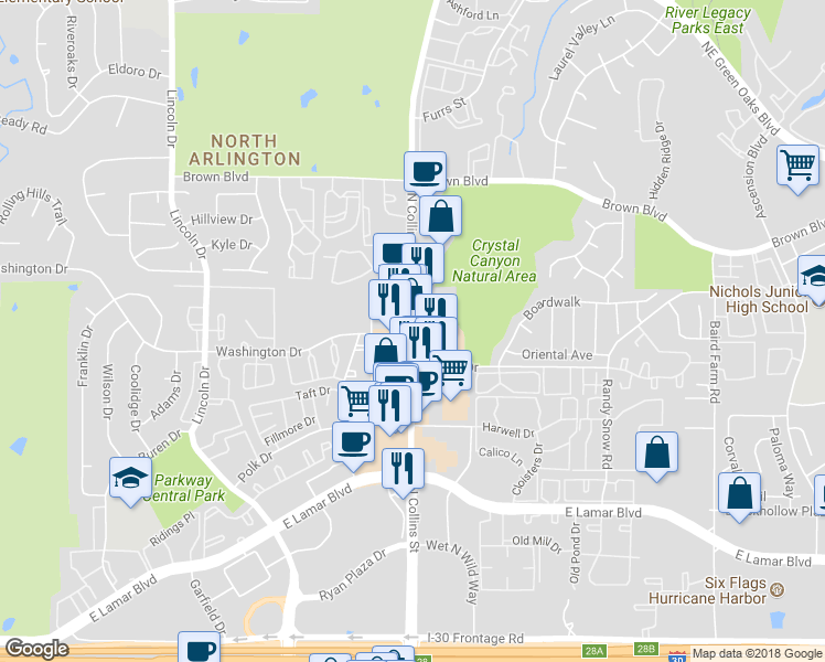 map of restaurants, bars, coffee shops, grocery stores, and more near 901 Dearborn Drive in Arlington