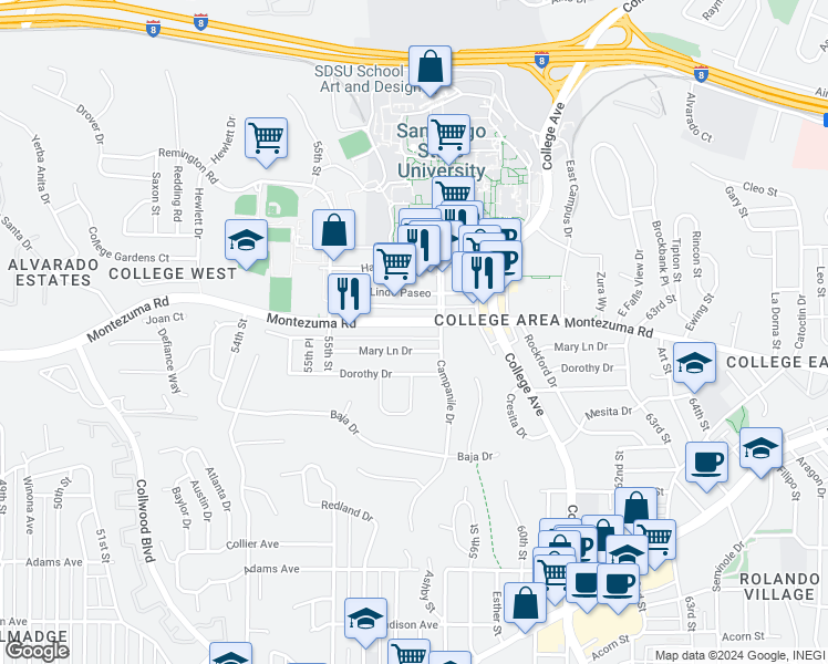 map of restaurants, bars, coffee shops, grocery stores, and more near 5691 Montezuma Road in San Diego