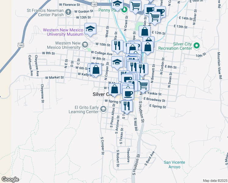 map of restaurants, bars, coffee shops, grocery stores, and more near 412 West Broadway Street in Silver City