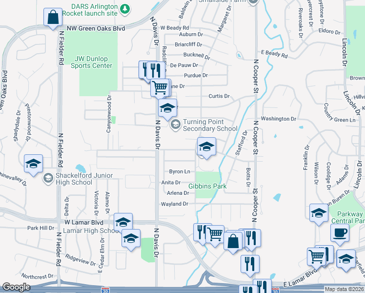 map of restaurants, bars, coffee shops, grocery stores, and more near 1009 Rocky Canyon Road in Arlington