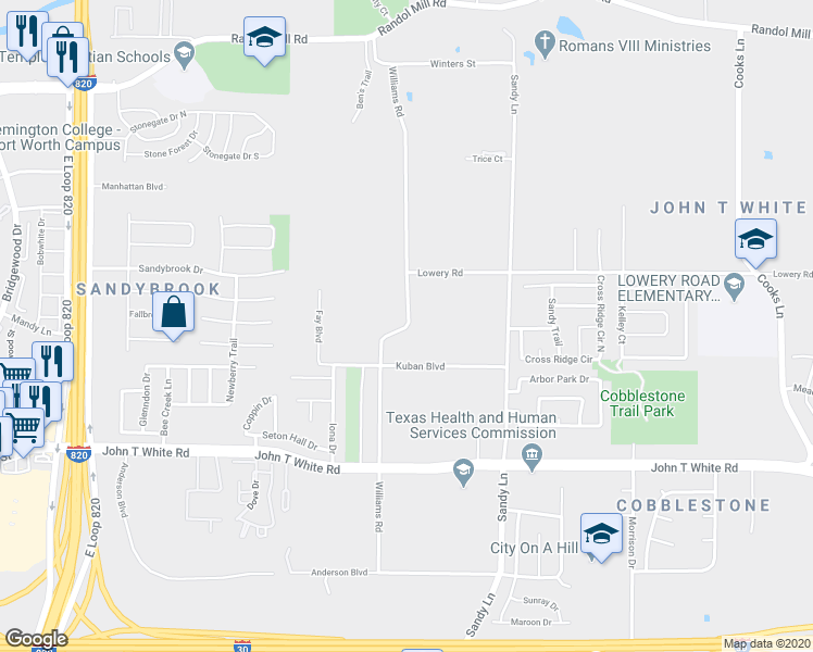 map of restaurants, bars, coffee shops, grocery stores, and more near 701 Williams Road in Fort Worth
