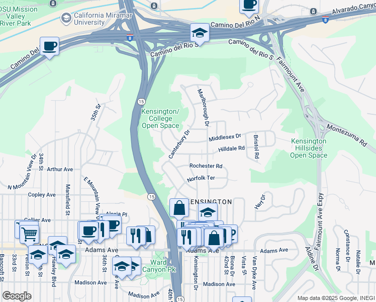 map of restaurants, bars, coffee shops, grocery stores, and more near 4076 Hilldale Road in San Diego