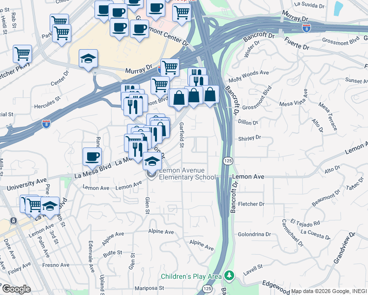 map of restaurants, bars, coffee shops, grocery stores, and more near 8881 Jefferson Avenue in La Mesa