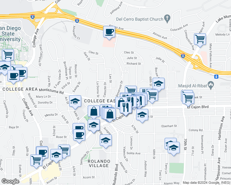 map of restaurants, bars, coffee shops, grocery stores, and more near 5075 Leo Street in San Diego