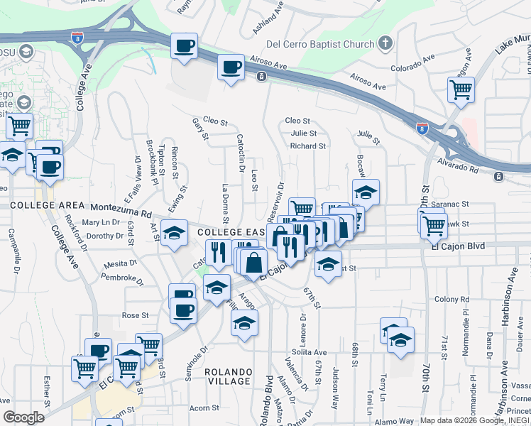 map of restaurants, bars, coffee shops, grocery stores, and more near 5075 Leo Street in San Diego