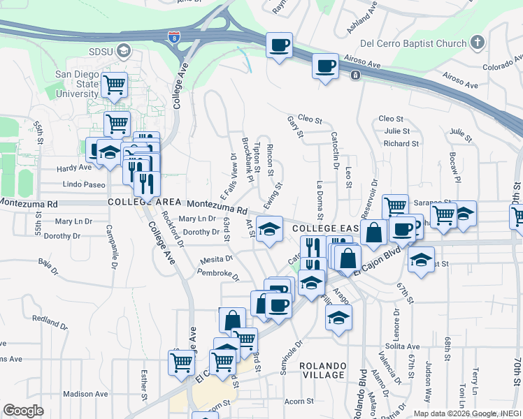 map of restaurants, bars, coffee shops, grocery stores, and more near 6330 Montezuma Road in San Diego