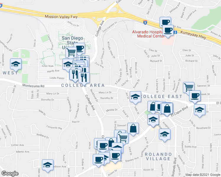 map of restaurants, bars, coffee shops, grocery stores, and more near 6219 Montezuma Road in San Diego