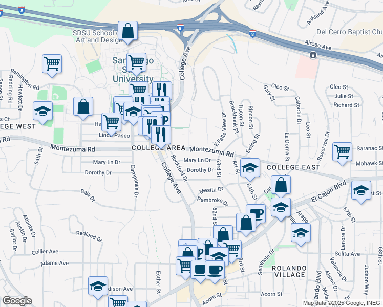 map of restaurants, bars, coffee shops, grocery stores, and more near 6149 1/2 Montezuma Road in San Diego