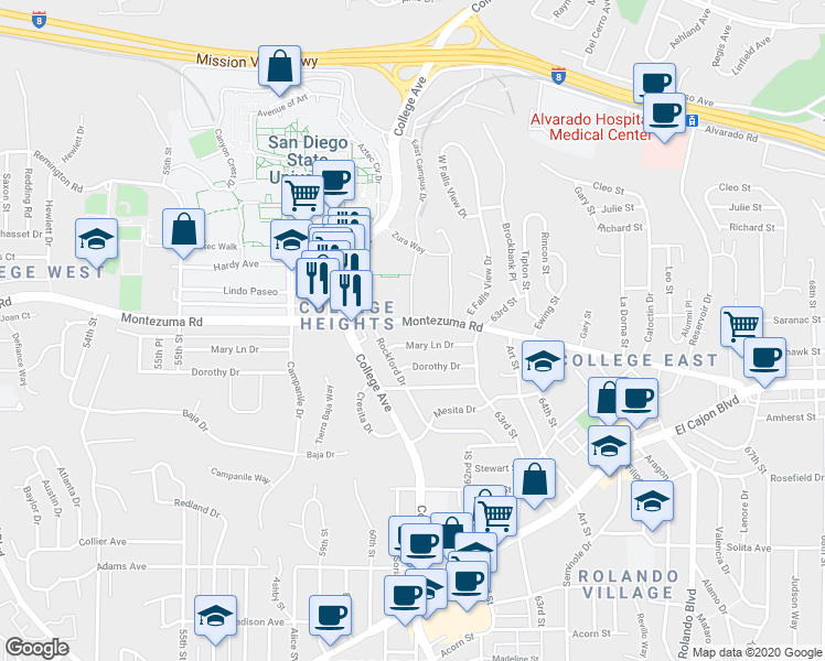 map of restaurants, bars, coffee shops, grocery stores, and more near 6149 1/2 Montezuma Road in San Diego