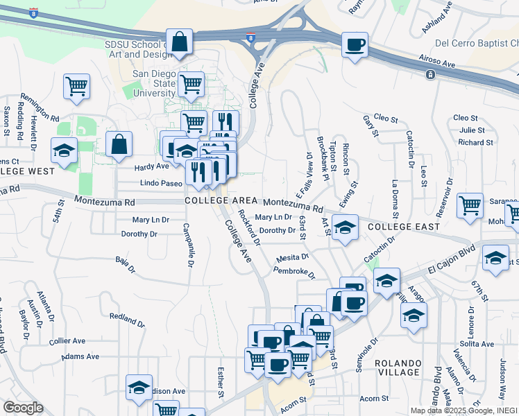 map of restaurants, bars, coffee shops, grocery stores, and more near 6149 1/2 Montezuma Road in San Diego