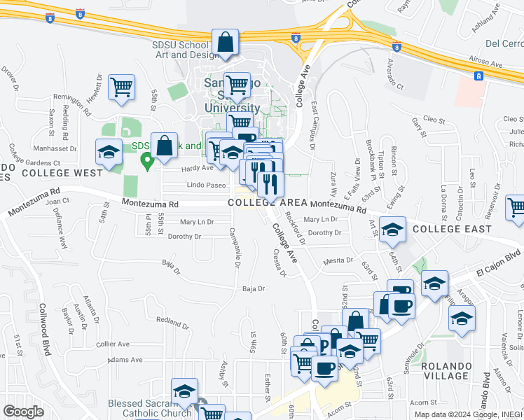 map of restaurants, bars, coffee shops, grocery stores, and more near in San Diego