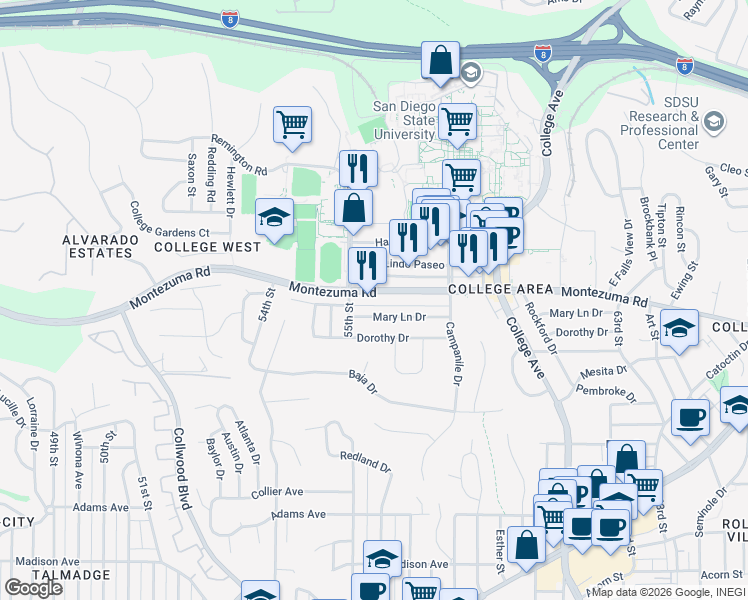 map of restaurants, bars, coffee shops, grocery stores, and more near 5505 Montezuma Road in San Diego