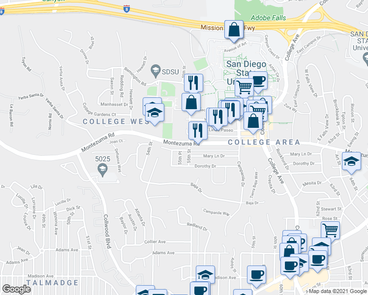 map of restaurants, bars, coffee shops, grocery stores, and more near 5486 Mary Lane Drive in San Diego