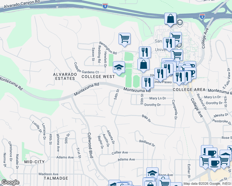 map of restaurants, bars, coffee shops, grocery stores, and more near 5073 54th Street in San Diego