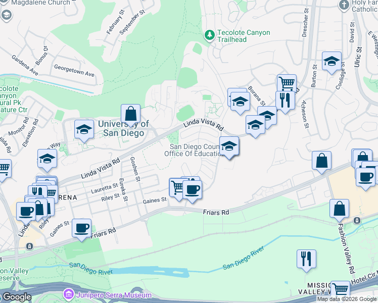 map of restaurants, bars, coffee shops, grocery stores, and more near 6243 Caminito Andreta in San Diego