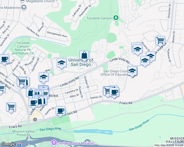 map of restaurants, bars, coffee shops, grocery stores, and more near in San Diego